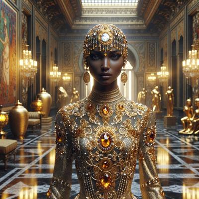 The primary subject of the image is a woman wearing a gold dress with a crown on her head. She is standing in a room with a gold and black color scheme. The setting appears to be a palace or a similar grand location. The visual style of the image is a digital art or illustration, giving it a unique and intricate appearance. The dominant colors in the image are gold and black, creating a luxurious and elegant atmosphere.